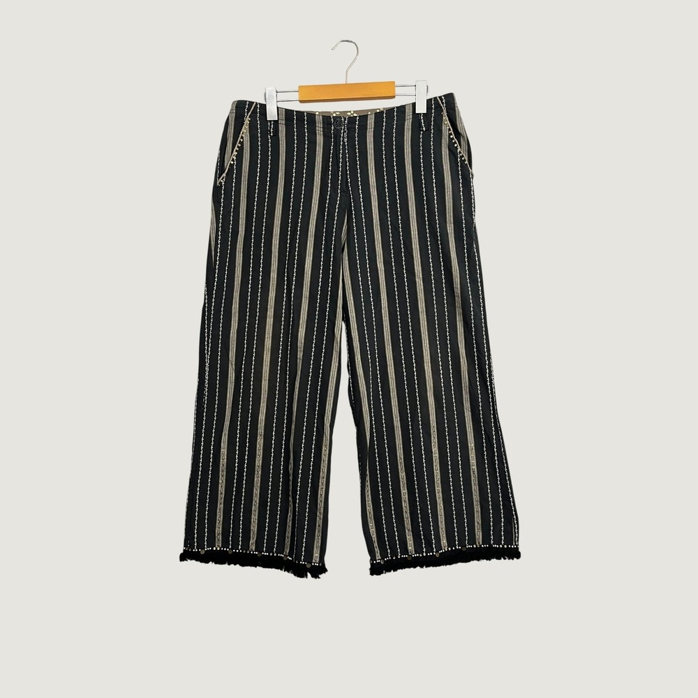 Usindo Striped Embellished Wide Leg Cropped Pants Black Tan Large Fringe Boho